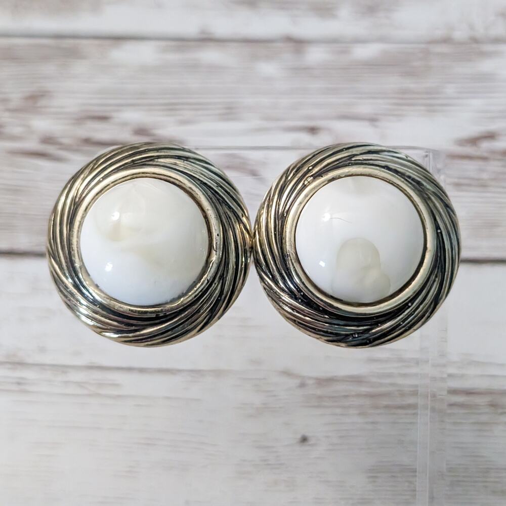 Vintage Clip On Earrings - Large Off White and Gold Tone 1.25"